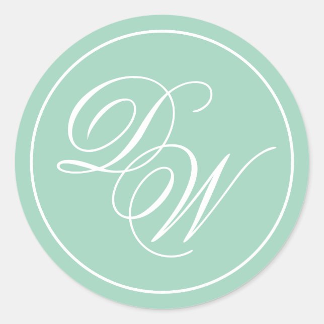 Monogram Mint Green 2 Initials Simple White Script Classic Round Sticker (Front)