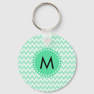 Monogram Mint Green and White Chevron Pattern Key Ring