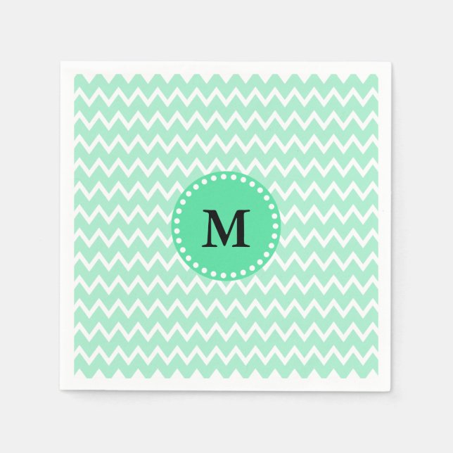 Monogram Mint Green and White Chevron Pattern Napkin (Front)