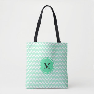Monogram Mint Green and White Chevron Pattern Tote Bag