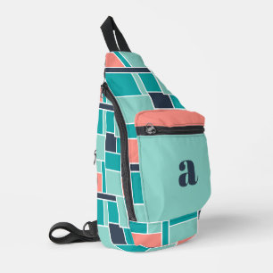 Monogram Mint Green Coral Geometric Art Sling Bag