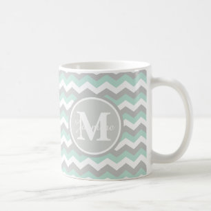 Monogram Mint Green Grey Chevron Zigzag Stripe Coffee Mug