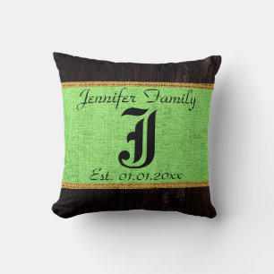 Monogram Mint Green Rustic Burlap Linen Wood Look Cushion