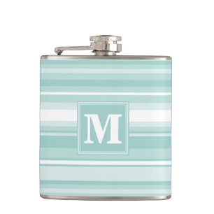 Monogram mint green stripes hip flask