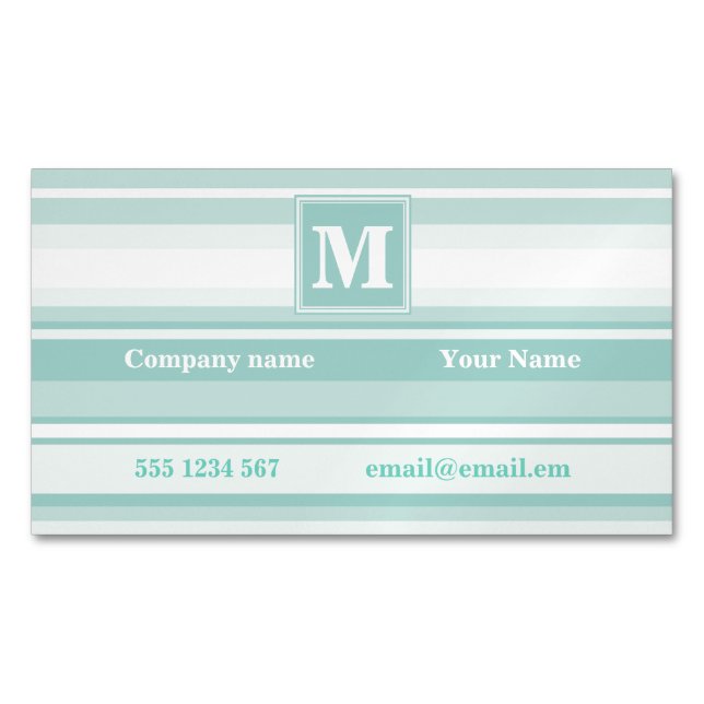 Monogram mint green stripes 	Magnetic business card (Front)