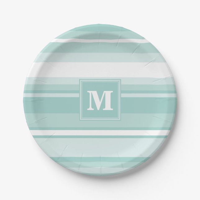 Monogram mint green stripes paper plate (Front)
