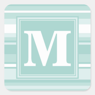 Monogram mint green stripes square sticker
