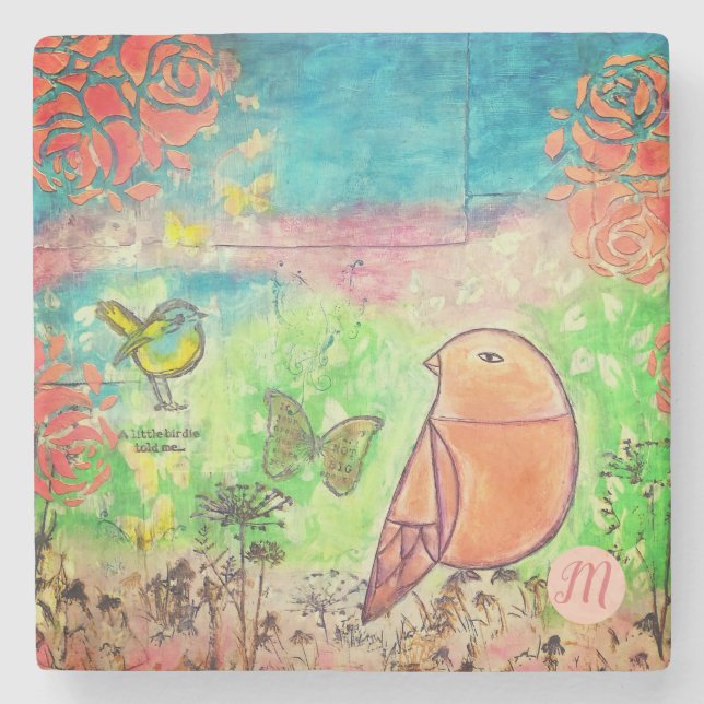 Monogram Mixed Media Art with Birds |  Stone Coaster (Front)
