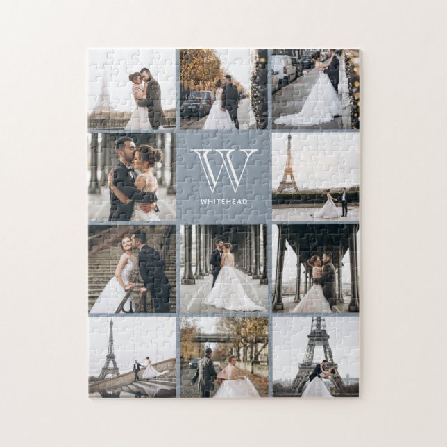 Monogram Modern 9 Photo Collage Dusty Blue Jigsaw Puzzle (Vertical)