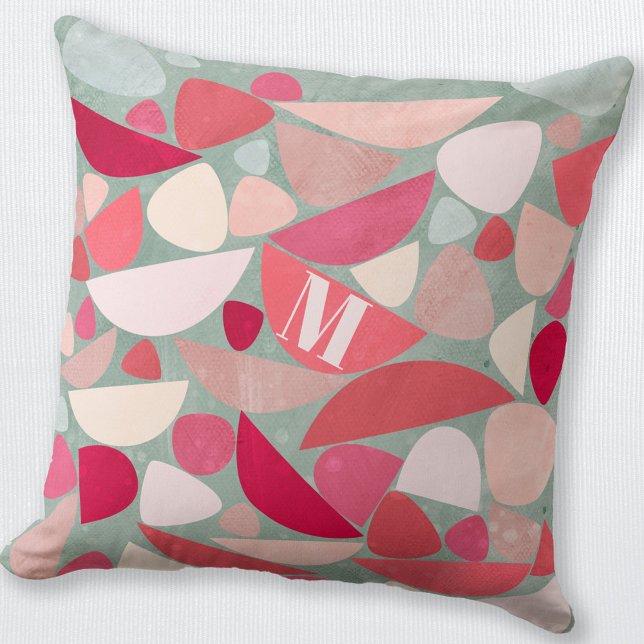 Monogram Modern Abstract Cushion (Modern Monogram abstract pink red and sea foam green personalized throw pillow)