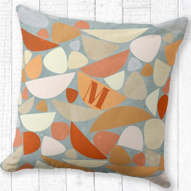 Monogram Modern Abstract Shapes Orange Cushion (Monogram initial personalized abstract burnt orange cream blush pink and sea foam green throw pillow)