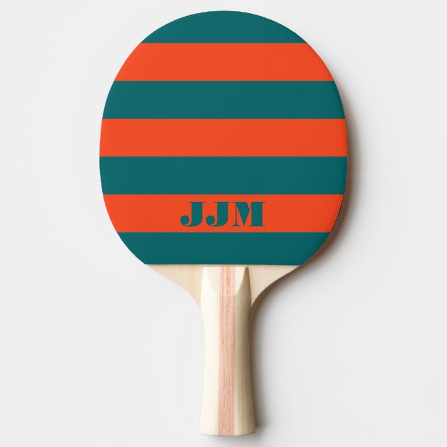 Monogram Modern Aqua Blue, Orange Coral Stripe Ping Pong Paddle (Front)