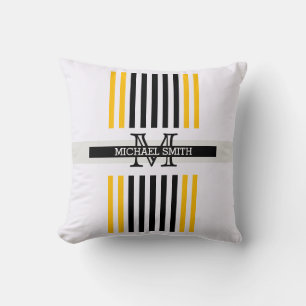 Monogram Modern Black Amber Stripes Pattern Cushion
