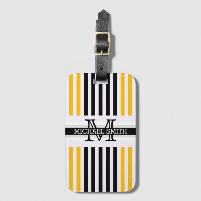 Monogram Modern Black Amber Stripes Pattern Luggage Tag (Front Vertical)