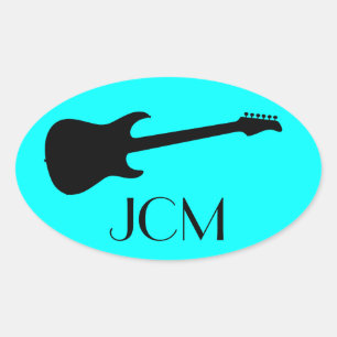 Monogram Modern Black Electric Guitar on Aqua Blue Oval Sticker