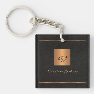 Monogram modern black gold elegant script name key ring