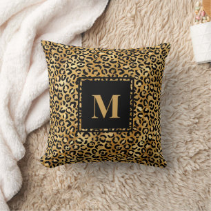 Monogram Modern Black Gold Leopard Print Cushion