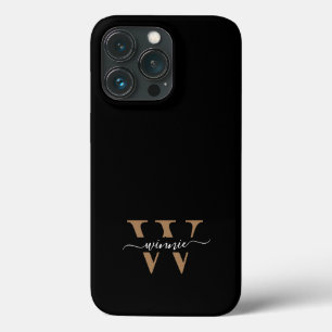 Monogram Modern Black Gold Script Name iPhone 13 Pro Case