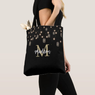 Monogram Modern Black Mason Jar Lights Tote Bag