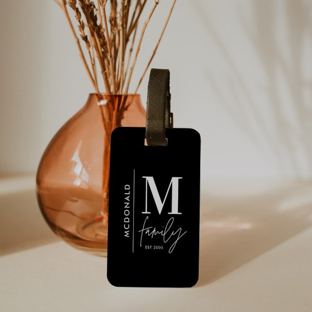 Monogram modern black personalised family elegant luggage tag (Creator Uploaded)