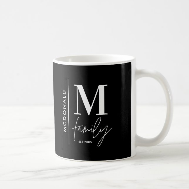 Monogram modern black personalised photo family coffee mug (Right)