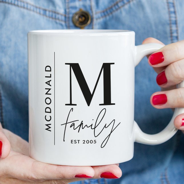 Monogram modern black personalised photo family coffee mug (Creator Uploaded)