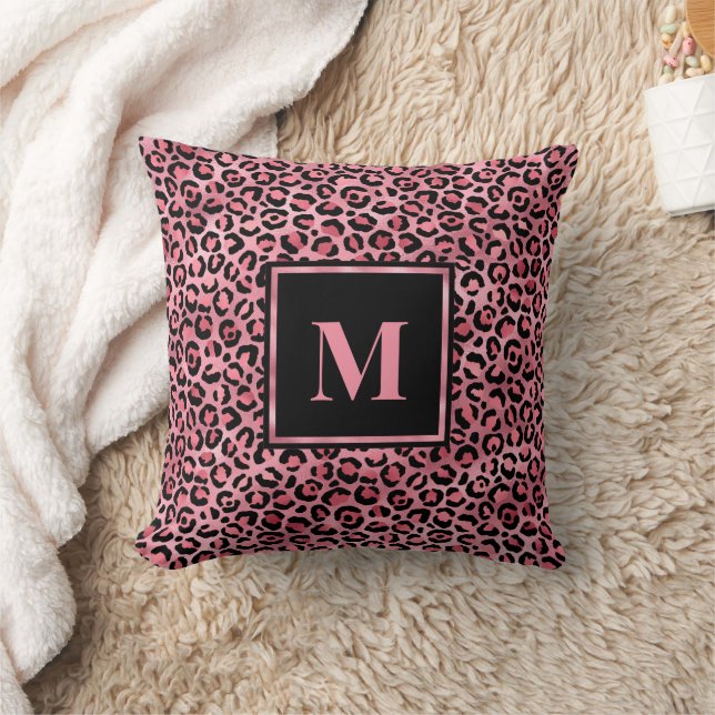 Monogram Modern Black Pink Leopard Print Cushion (Blanket)