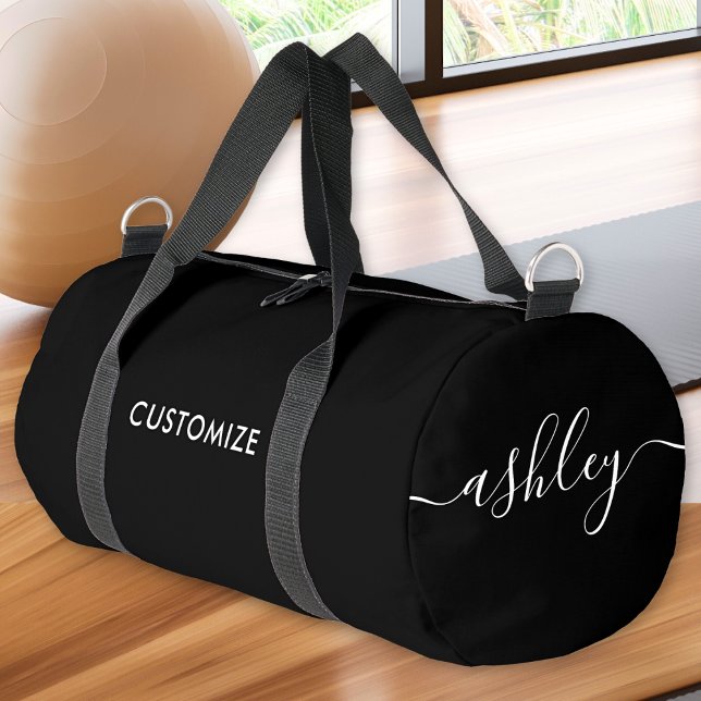 Monogram Modern Black Script Name Stylish Duffle Bag (Creator Uploaded)