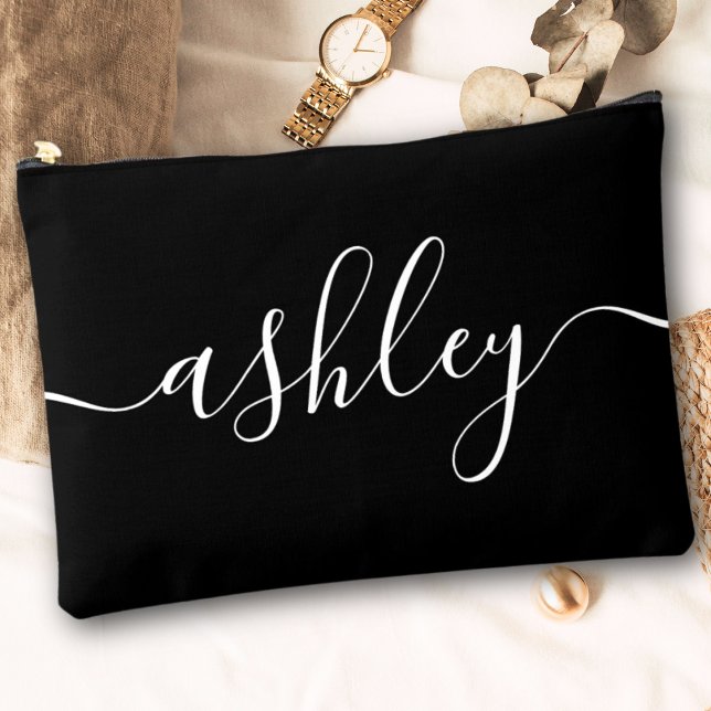 Monogram Modern Black Script Name Stylish Trendy Accessory Pouch (Creator Uploaded)