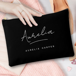 Monogram Modern Black Script Name Trendy Signature Accessory Pouch