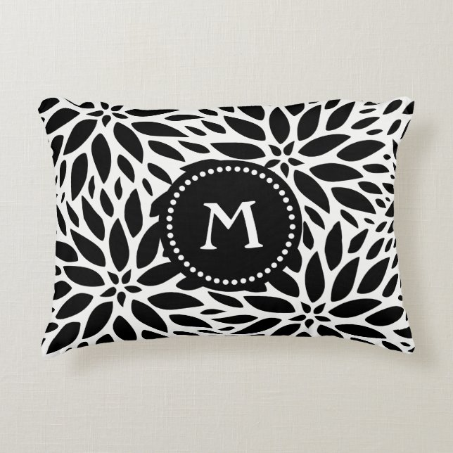 Monogram Modern Black & White Dahlia Accent Pillow (Front)