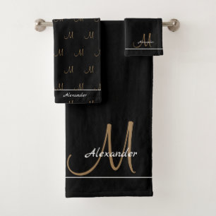 Monogram Modern Black White Gold Elegant  Bath Tow Towel Set