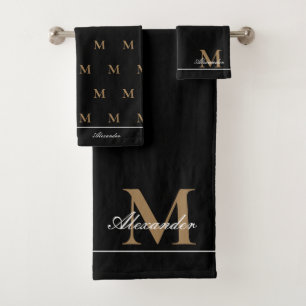 Monogram Modern Black White Gold Elegant  Bath Tow Towel Set
