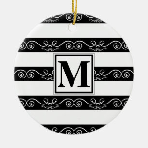 Monogram modern Black White striped Ceramic Tree Decoration