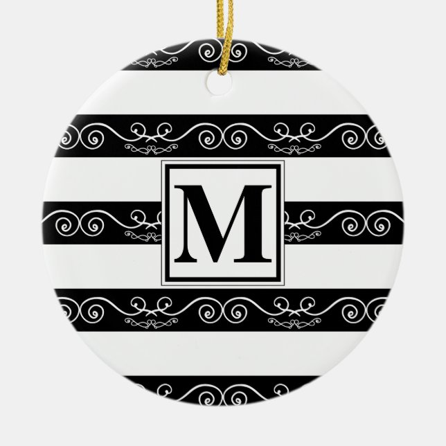 Monogram modern Black White striped Ceramic Tree Decoration (Front)
