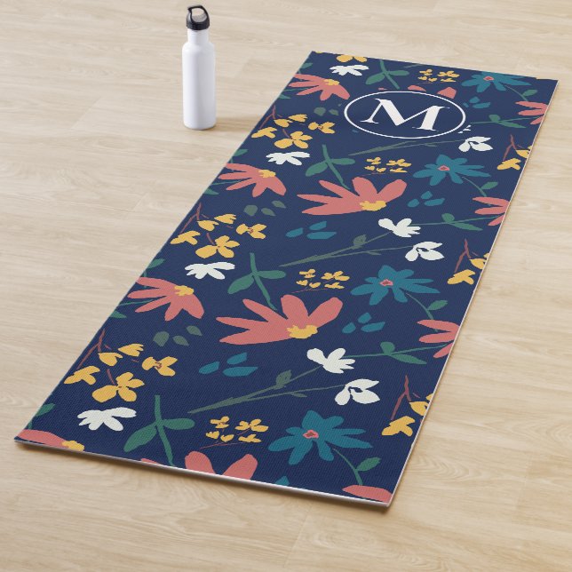 Monogram Modern Blue Boho Floral Pattern Yoga Mat (In Situ)