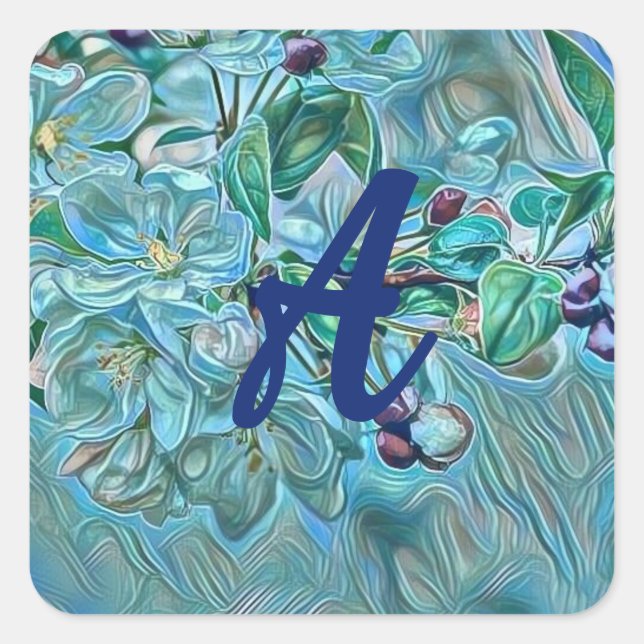 Monogram Modern Blue Cherry Blossom Watercolor Square Sticker (Front)