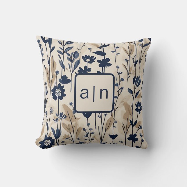Monogram Modern Blue Floral  Cushion (Front)
