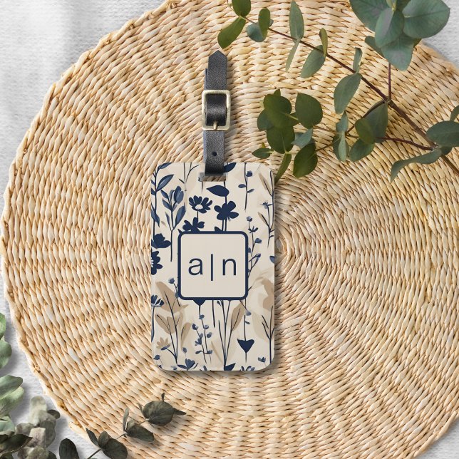 Monogram Modern Blue Floral  Luggage Tag (Creator Uploaded)