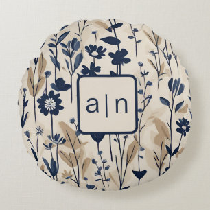 Monogram Modern Blue Floral Round Cushion