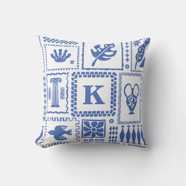 Monogram Modern Blue White Abstract Pattern Cushion (Front)
