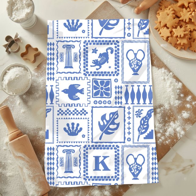 Monogram Modern Blue White Abstract Pattern Tea Towel (Creator Uploaded)