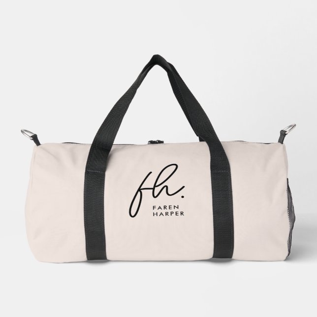 Monogram Modern Blush Pink Stylish Script Name Duffle Bag (Front)