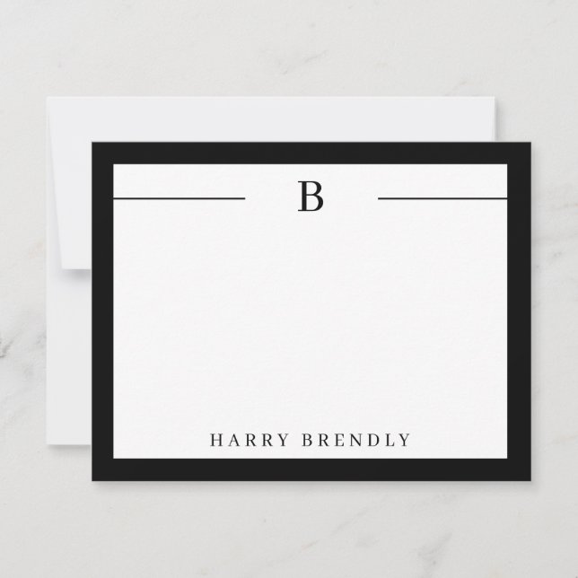 Monogram Modern Border Black White Flat Note Card (Front)