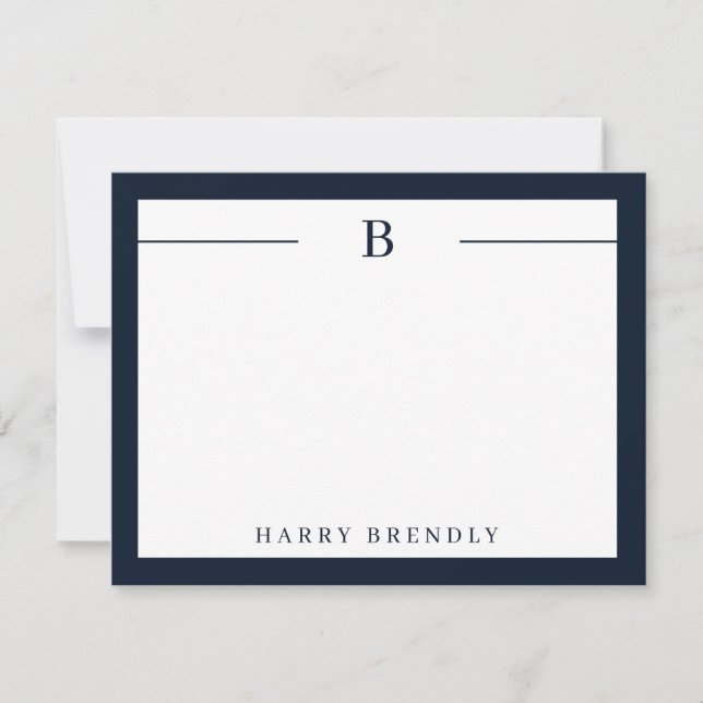 Monogram Modern Border Navy White Flat Note Card (Front)