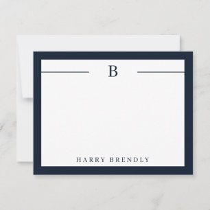 Monogram Modern Border Navy White Flat Note Card