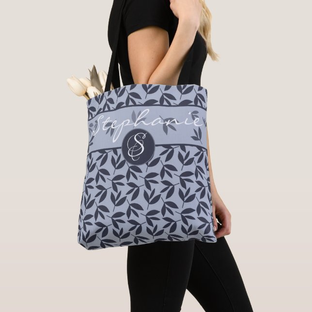 Monogram Modern botanical blue  Tote Bag (Close Up)