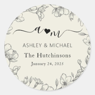 Monogram Modern Botanical Wedding Classic Round Sticker