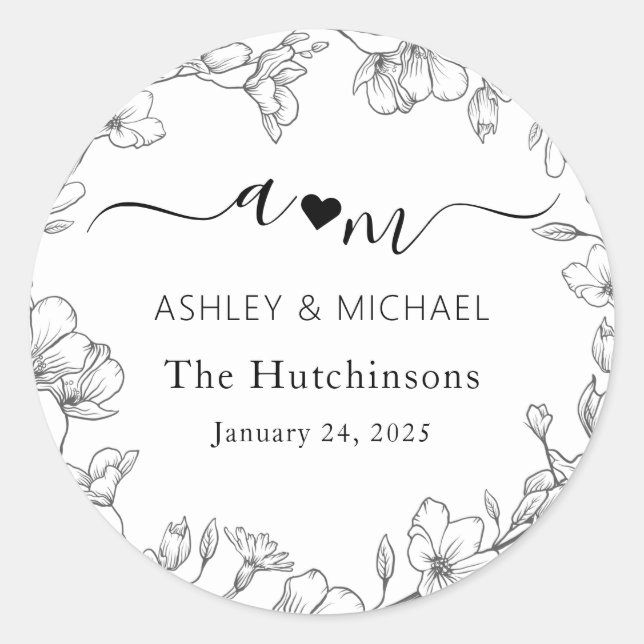 Monogram Modern Botanical Wedding Classic Round Sticker (Front)