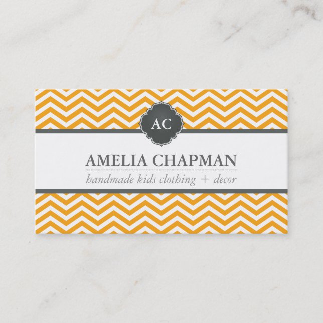 MONOGRAM modern chevron pattern bright orange grey Business Card (Front)